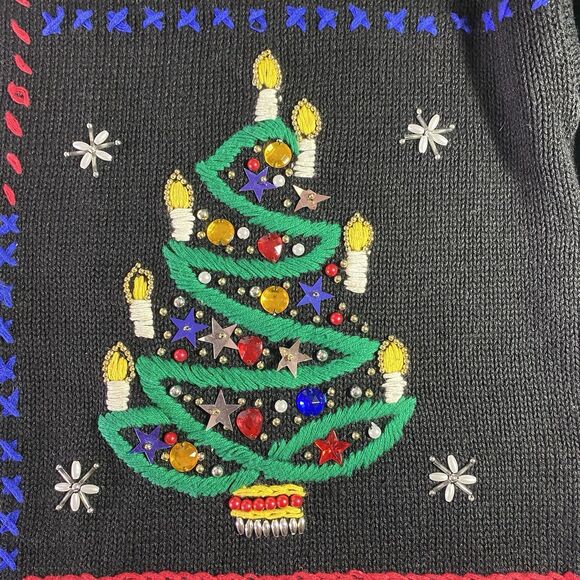 Vtg VICTORIA JONES Tunic Sweater Beaded Ugly Christmas Holiday Womens M Black - Picture 9 of 12